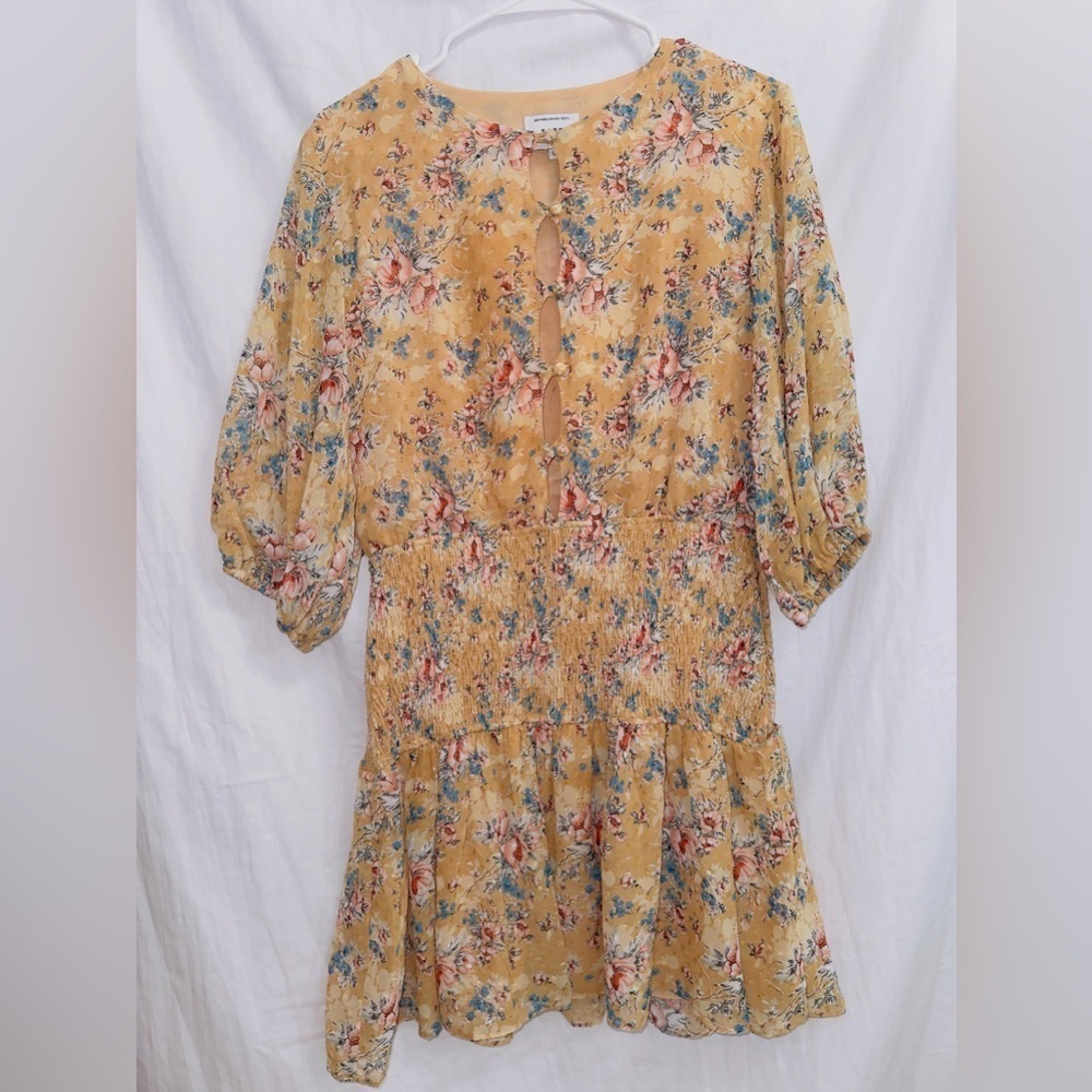 SABO Clothing Yellow Floral Print Puff Sleeve Smocked Waist Mini Dress size LG